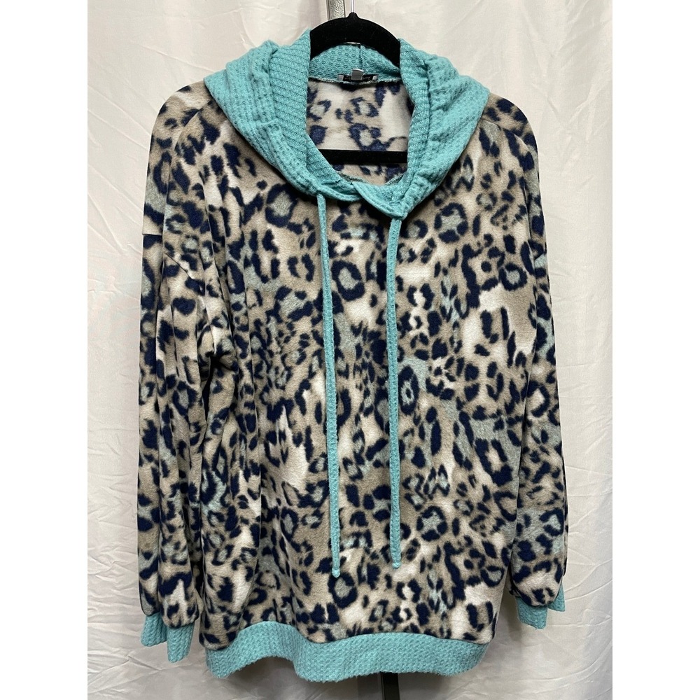White‎ Birch Leopard Print Super Soft Hoodie Turquoise Trim Women's Size L Cozy